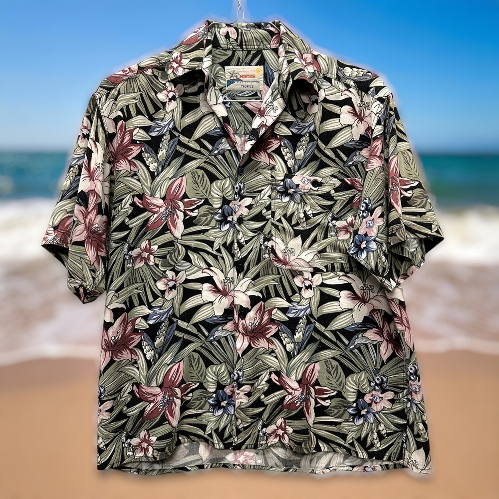 Vintage‎ 90s Hawaiian Aloha Shirt, Montage Tropics, Rayon, size M